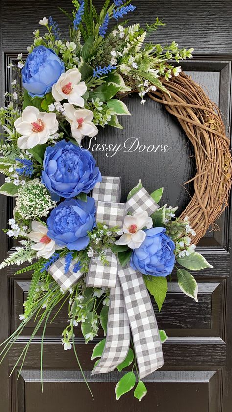 Southern Front Door, Blue Flower Wreath, Floral Door Wreaths, Spring Floral Wreath, Easter Spring Wreath, Diy Spring Wreath, Deco Wreaths, Blue Peonies, Door Wreaths Diy