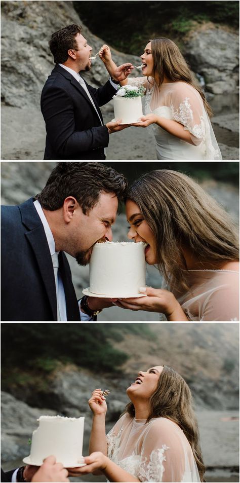 Bride and groom feeding each other  their wedding cake on the beach Wedding Cake Photoshoot Ideas, Wedding Cake Elopement, Elopement Cake Table, Engagement Cake Photos, Couple Cake Photoshoot, Elopement Cake Photos, Small Elopement Cake, Elopement Cake Ideas, Cake Engagement Photos