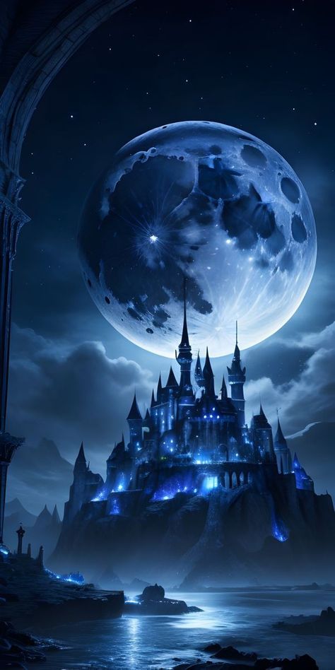 Fantasy Moon Castle, How To Paint A Castle, Castles Illustration, Fantasy Castle Dark, Beutifull Place In The World, Fantasy Moon Art, Ethereal Aesthetic Art, Ethereal Castle, Dark Fantasy Background