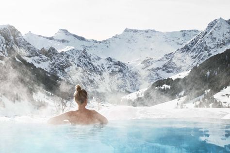 Mountain Spa Aesthetic, Winter Wellness Aesthetic, Winter Hot Tub Pictures, Mountain Spa, Winter Spa, Winter Chalet, Adelboden, Private Island Resort, Belmond Hotels