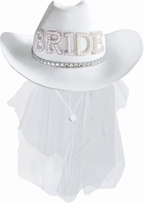 Fibye Bridal Cowboy Hat with Veil, White Bride Hat for Wedding Bridal Shower Decoration, Bride Cowgirl Hat Bachelorette Party Gift Supplies Novelty, West Cowgirl Hat Bride Gift Cowboy Hat With Veil, Bride Cowgirl Hat, Felt Party Hat, Hat For Wedding, Country Engagement Photoshoot, Hat With Veil, Western Themed Wedding, Cowgirl Bachelorette, Diy Bachelorette Party