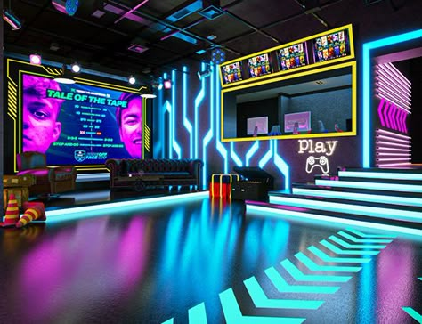 Cyberpunk Interior Design, Cyberpunk Interior, Games Room Inspiration, Gaming Lounge, Gaming Center, Tv Set Design, Game Center, Nightclub Design, Stage Set Design