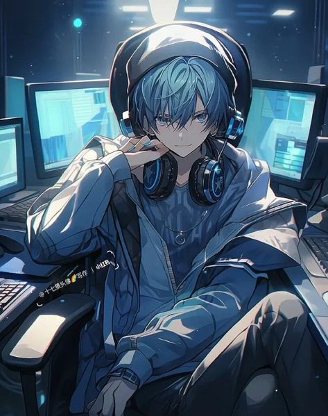 Anime Boy With Headphones, Anime Collage, Blue Hair Anime Boy, Gamers Anime, Anime Toon, Minimalist Tattoos, Blue Anime, Nft Collection, Dark Anime Guys