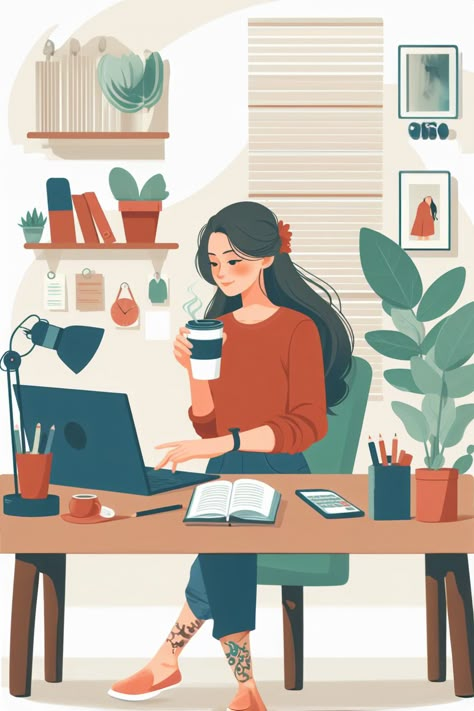 Woman working at a desk at home Notion Cover Illustration, Woman Working Illustration, Working At Desk Illustration, Art Studio Illustration, Different Illustration Styles, Working Women Illustration Art, Independent Woman Illustration Art, Sitting At A Desk Reference, Tutoring Aesthetic