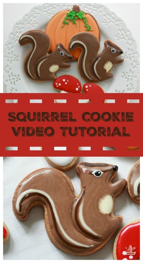 {Video} How to Decorate Squirrel or Chipmunk Cookies Squirrel Sugar Cookies Decorated, Woodland Royal Icing Cookies, Squirrel Cookies Decorated, Squirrel Cookies, Fall Decorated Cookies, Flood Icing, Sugar Cookie Royal Icing, Thanksgiving Cookies, Fall Cookies