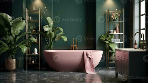 Bathroom, pink and dark green colors. Interior design. AI Generated Pink And Green Bathrooms, Pink Green Bathroom, Pink And Green Bathroom, Green And Pink Bathroom, Green Bathrooms, Dark Green Bathrooms, Bathroom Pink, Painted Bathroom, Dark Green Walls