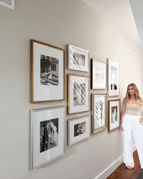 Three Frame Gallery Wall, Gallery Wall Assorted Frames, Behind Couch Gallery Wall Ideas, Wedding Photos Wall Display Living Rooms, Celebrity Gallery Wall, Wall Of Wedding Photos, Simple Gallery Wall Hallway, Hallway Gallery Wall Layout, 3 Photo Gallery Wall