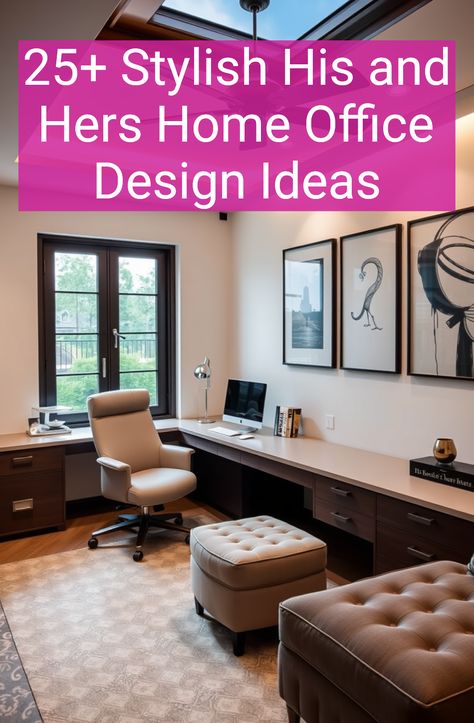 25+ Stylish His and Hers Home Office Design Ideas Home Office For Couples, Office For Couples, His And Hers Home Office, Grey Office Ideas, His And Hers Office, Large Wooden Desk, Gray Home Office, Shared Home Office, Modern And Vintage Decor