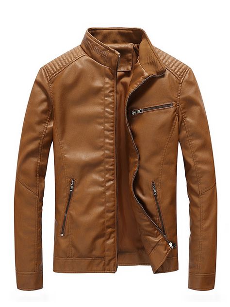 Ericdress Plain Zip Stand Collar Slim Men's Jacket Plus Size Leather Jacket, Plus Size Leather, Fake Leather Jacket, Slim Fit Coat, Pu Jacket, Men's Swimwear, Pu Leather Jacket, Slim Fit Jackets, Biker Leather