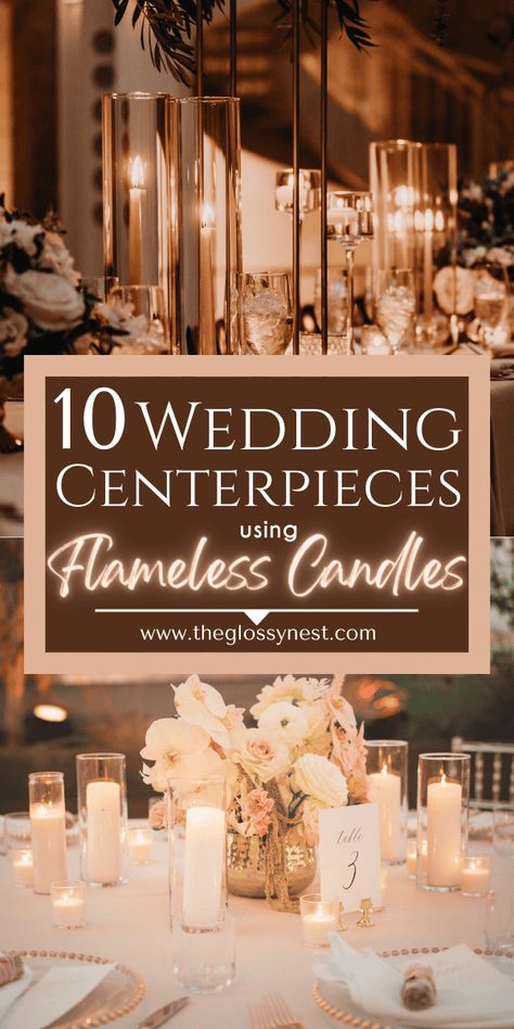 Can’t have real flame candles at your wedding reception? These simple flameless candles wedding centerpieces are just as beautiful, yet totally safe! With candle wedding centerpieces you get an elegant glow & a romantic mood for the evening. Check out these wedding decorating ideas using flameless candles for reception centerpieces. Use tea lights, floating, taper, pillar & stick LED candles for table decor, round tables & long tables, tall & hanging centerpieces with flowers & greenery. Table Decor Round Tables, Votive Candle Centerpieces Wedding, Flameless Candles Wedding Centerpieces, Candles Wedding Centerpieces, Simple Wedding Table Decor, Led Candles Wedding, Centerpieces With Flowers, Classic Wedding Centerpieces, Flameless Candles Wedding