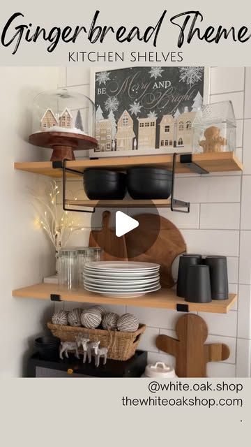 Luci Cisneros on Instagram: "Gingerbread Theme Shelves! 

We took the cabinet down when we remodeled and put up some faux floating wood shelves. It really opened up the kitchen and made unloading the dishwasher a lot easier. 

Cheers to a merry weekend friends! 

#gingerbread #openshelves #christmaskitchen" Floating Wood Shelves, Gingerbread Theme, Christmas Kitchen, Kitchen Shelves, Wood Shelves, Open Shelving, The Kitchen, Gingerbread, Kitchens