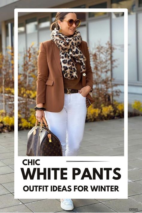 White Pants Outfit Ideas for Winter Winter Pants Outfit Classy, White Leather Pants Outfit Winter, White Pant Winter Outfit, White Jeans In Winter Outfits, All White Jeans Outfit, Winter White Pants Outfit, Winter White Jeans Outfit, Ivory Pants Outfit, White Pants Fall Outfit