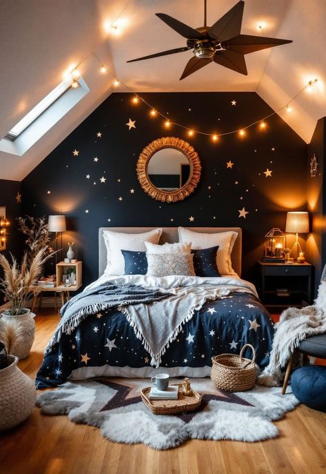 Starry Wallpaper Bedroom, Color Themed Bedroom Ideas, Silver And Navy Bedroom Ideas, Navy Space Bedroom, Dark Blue And Teal Bedroom, Outer Space Room Ideas, Bedroom Color Combination Blue, Celestial Home Decor Interior Design, Lavender And Dark Blue Bedroom