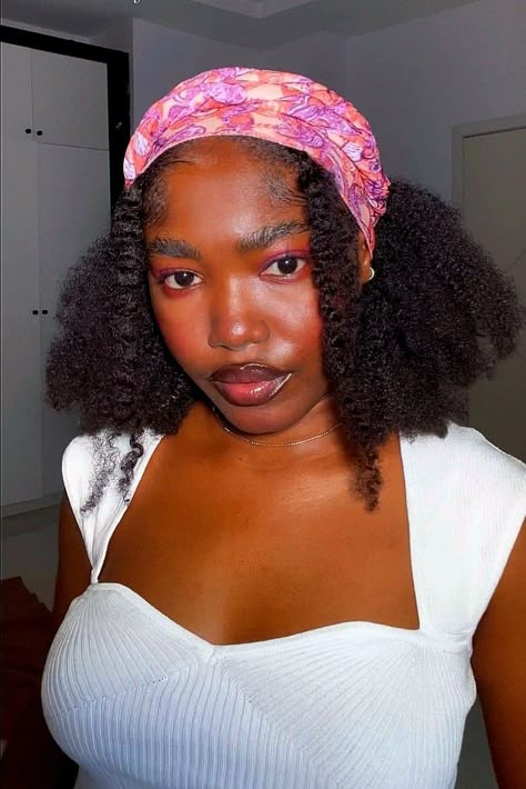 Bandana Hairstyles Natural Hair, Natural Hairstyles For Black Women With Scarf, Afro With Headband, Black Woman Natural Hairstyles, Low Tension Natural Hairstyles, Ethereal Hairstyles, Pixie Aesthetic, Black Girlhood, Afro Hair Girl