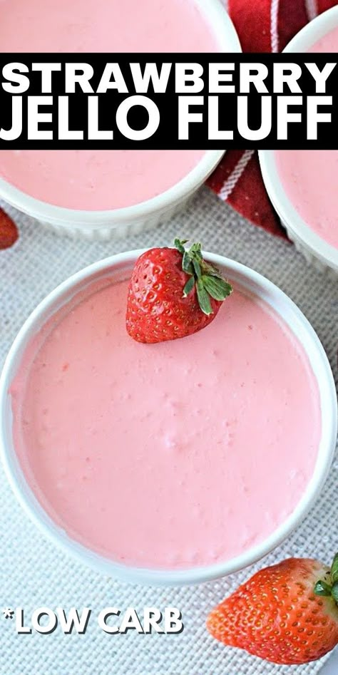 Low Carb Strawberry Jello Fluff #lowcarbstrawberryfluff #strawberryfluff Strawberry Jello Fluff, Low Carb Jello Dessert, Whipped Jello, Jello Whips, Jello Fluff, Keto Whipped Cream, Jello Recipe, Delicious Holiday Desserts, Jello Dessert