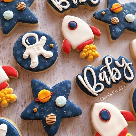 Astronauts and Rockets Outer Space Baby Shower Cookies Astronaut Cookies, Outer Space Baby Shower, Astronaut Baby, Galaxy Party, Astronaut Party, Space Theme Party, Astronaut Birthday, Space Birthday Party, Outer Space Birthday