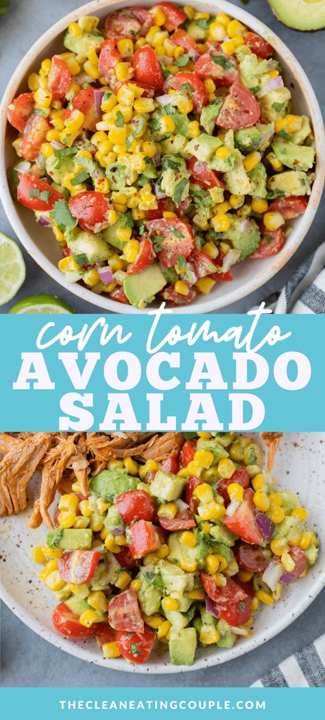 Gluten Free Summer Salads, Vegan Corn Salad, Corn Tomato Avocado Salad, Tomato Avocado Salad, Corn Tomato Salad, Corn Avocado Salad, Easy Corn, Tomato Avocado, Avocado Tomato Salad