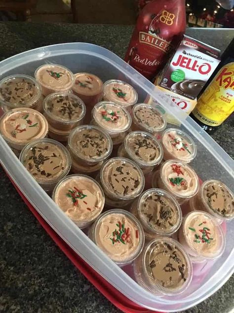 Holiday Pudding Shots, Baileys Pudding, Holiday Pudding, Chocolate Pudding Shots, Pudding Shot Recipes, Kahlua Coffee, Jello Pudding Shots, Chocolate Baileys, Christmas Shots