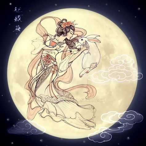 Chang'e Chinese Moon Goddess, Change Over The Moon, Chang E Goddess, Chang Er Moon Goddess, Chang’e Moon Goddess, Asian Gods And Goddesses, Chinese Mythology Art, Chang'e Goddess Over The Moon, Japanese Moon Goddess