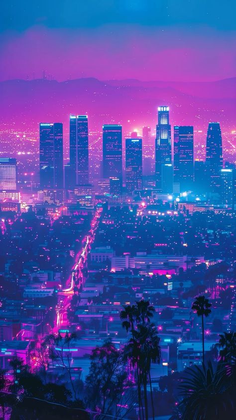 Los Angeles Skyline At Night, Los Angeles Night Aesthetic, La Night Aesthetic, Los Angeles Aesthetic Night, Gta Aesthetics, Aesthetic Los Angeles, Skyline Wallpaper, Los Angeles Wallpaper, Urban Cityscape