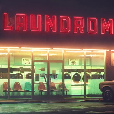 Coin Laundry Aesthetic, Laundry Shop Design, Modern Laundromat Interior Design, Laundry Mat Aesthetic, Laundromat Reference, Laundromat At Night, Laundry Artwork, Vintage Laundromat Aesthetic, Nyc Laundromat