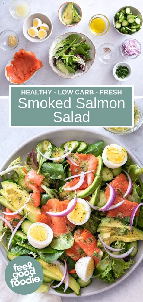 Smoked Salmon Salads, Smoked Salmon Salad Dressing, Avocado And Salmon Salad, Smoked Salmon Lunch, Salmon Salad Dressing, Hot Smoked Salmon Salad, Cucumber Salad Smoked Salmon, Smoked Salmon Avocado Salad, Salmon Salad Keto