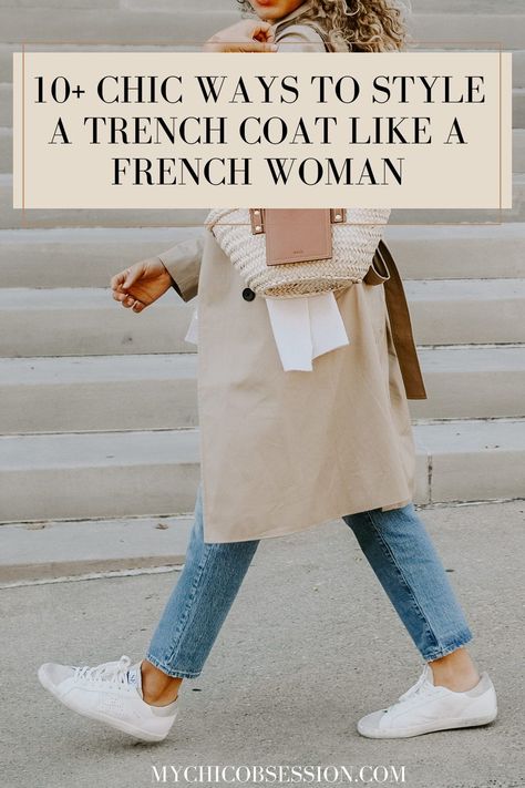 Are any things as iconic as a French girl in a trench coat? I think not. It’s a staple item that makes up Parisian style, and donning one is one of the easiest ways to look chic. Read on for tips on how you can master wearing a trench coat like a French girl! #trenchcoatoutfit #parisianstyle #parisianchic #parisianfashion #frenchfashion French Trench Coat Outfit, Women Wearing Trench Coat, French Style Trench Coat, How To Dress Up A Trench Coat, Cute Outfits With Trench Coats, What To Wear With Trench Coat, How To Wear A Trench Coat Spring, How To Style A Trench Coat Classy, Ways To Style Trench Coat