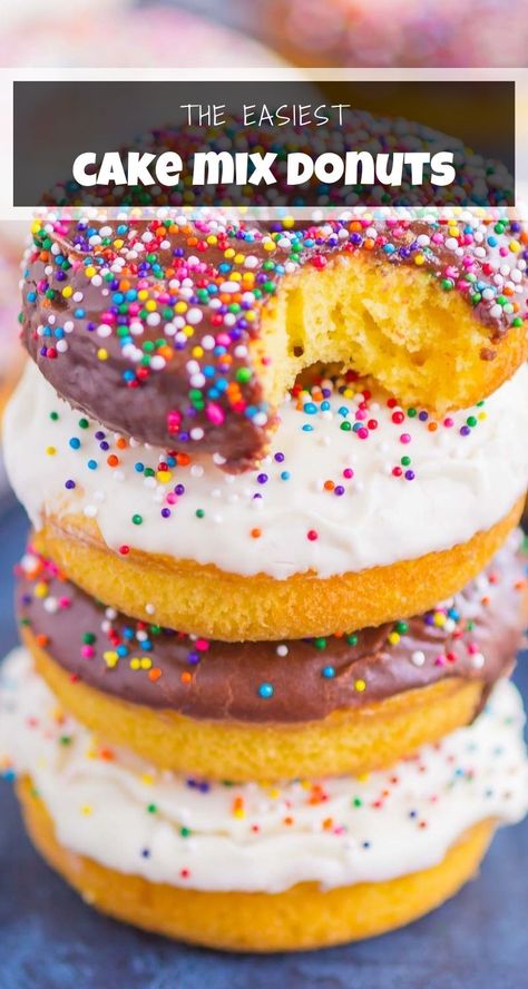 Cake Mix Donuts are light, fluffy, and simple to make. With just two ingredients, you can have these baked donuts ready to serve for a fun breakfast or dessert! #cakemix #cakemixdonuts #cakedonuts #bakeddonuts #bakedcakedonuts #homemadedonuts #cakemixrecipes #breakfast #easybreakfastrecipes #dessert #easydessertrecipes Cake Batter Bars, Cake Mix Donuts Recipe, Two Ingredient Cakes, Cake Mix Donuts, Donut Calories, Baked Donut, Homemade Donuts Recipe, Baked Donut Recipes, Fun Breakfast