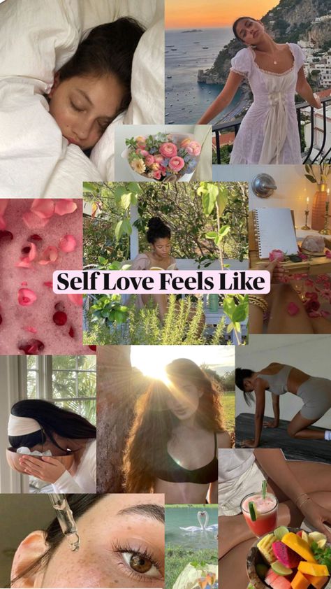 A collage of images with the text “self love feels like” Self Aware Aesthetic, Happy Life Aesthetic Wallpaper, Self Love Lifestyle Aesthetic, Confidence Astetic Pictures, Self Love Moodboard, Wallpaper Iphone Self Love, Self Love Club Wallpaper, Self Love Vision Board Pictures, Self-love Aesthetic Pics