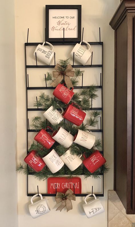 Mug Rack Display, Mug Racks, Christmas Mug Display, Rae Dunn Mug Display Ideas, Christmas Brunch Decor, Wall Mug Rack, Rae Dunn Christmas Tree Display, Brunch Decor Ideas, Rae Dunn Christmas Decor