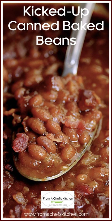 Kicked-Up Canned Baked Beans is an easy and delicious way to make ordinary canned baked beans taste as though you made them from scratch! Dressed Up Canned Baked Beans, Dress Up Canned Baked Beans, How To Dress Up Canned Baked Beans, How To Doctor Up Canned Baked Beans, Bushes Baked Beans Doctored, Doctored Up Baked Beans From A Can, Canned Baked Beans Doctored, Easy Baked Beans From Canned Beans, Canned Baked Beans Recipe Easy