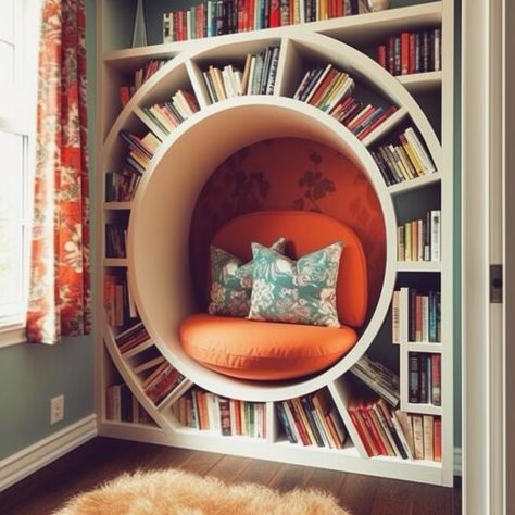 Cool Reading Nooks, Renovation Aesthetic, Round Bookshelf, Bedroom Storage Shelves, Study Room Kids, Girls Bedroom Storage, Chill Out Room, Library Themes, Office Shelving