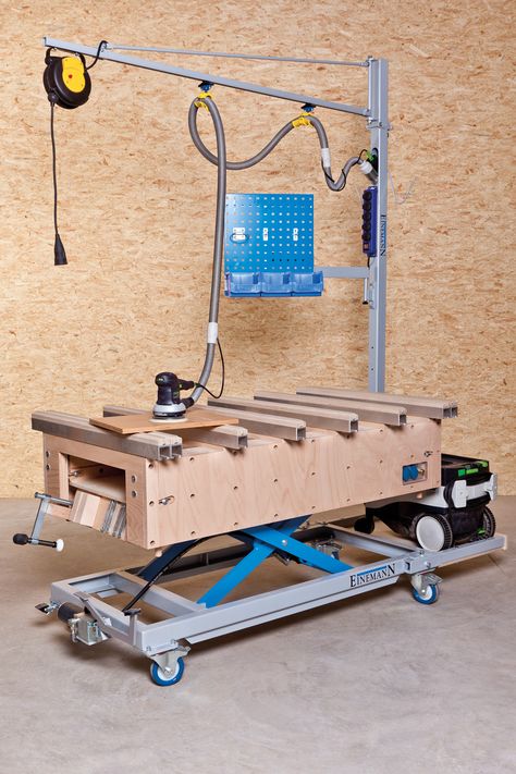 Assembly Table Mobile Workbench, Power Chord, Boom Arm, Assembly Table, Wood Shop Projects, Workshop Organization, Diy Workshop, Shop Layout, Garage Tools