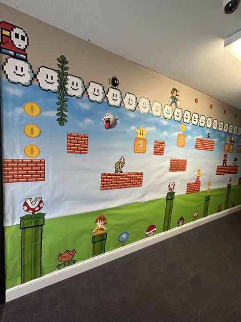 Mario World Decorations, Mario School Decorations, Mario Brothers Classroom Theme, Mario Vbs Decorations, Mario Playroom, Mario Bulletin Board, Super Mario Decorations Diy, Vbs Twists And Turns, Dr Seuss Mural