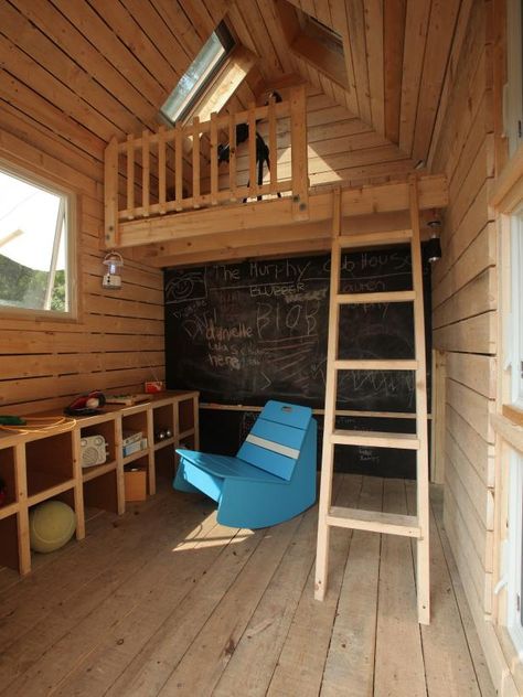 Playhouse With Loft, Playhouse Interior Ideas, Kids Shed, Playhouse Loft, Playhouse Interior, Playhouse Furniture, Shed Playhouse, Kids Clubhouse, Wood Playhouse