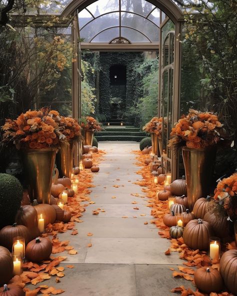 A wow wedding aisle inspiration with fall colors and leaves and pumpkins for a magical, seasonal effect🍁 AI designs created by… | Instagram Fall Wedding Halloween, Wedding Aisle Pumpkins, Autumn Wedding Pumpkin, October Wedding Venues, Witchy Fall Wedding Ideas, Enchanted Fall Wedding, Fall Wedding Locations, Fall Wedding Ideas Pumpkins, Fall Aisle Decor