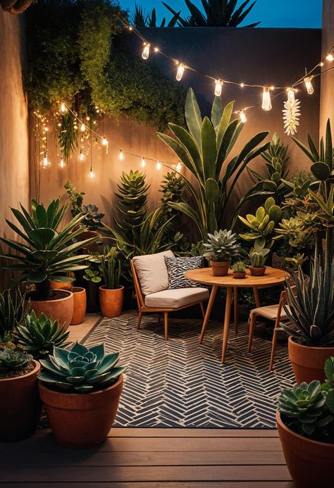 37 Adorable Small Garden Ideas for Your Tiny Outdoor Oasis Patio With Lots Of Plants, House Corner Landscaping Ideas, Small Outdoor Patio Decor, Tiny Backyard Ideas Small Spaces Patio, Boho Patio Decor Small Spaces, Boho Modern Patio, Deck Space Ideas, Little Patio Ideas Small Spaces, Small Patio Plant Ideas