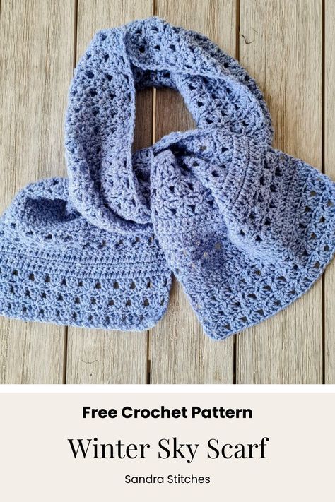 free crochet pattern for an easy scarf made with ligth blue yarn named Sky Elegant Crochet Scarf Pattern Free, Soft Crochet Scarf Pattern Free, Crochet Stitch Sampler Scarf, 2 Ply Crochet Patterns, Beginner Crochet Scarfs, Hoodie Scarf Crochet Pattern Free, Crochet A Scarf Free Pattern, Scarfs To Crochet, Crochet N Create