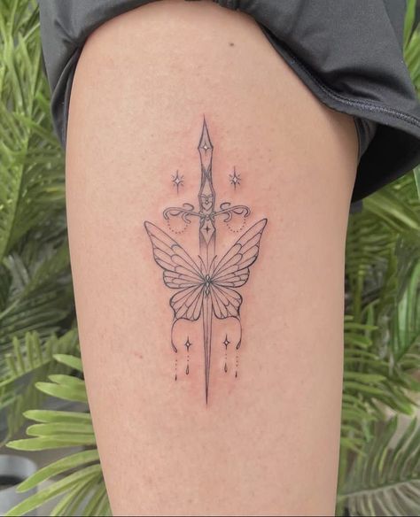 Fairy With A Knife Tattoo, Butterfly And Swords Tattoo Meaning, Butterfly And Swords Tattoo, Butterfly And Dagger Tattoo, Dagger Butterfly Tattoo, Butterfly Dagger Tattoo, Fairycore Tattoo, Women Tattoo Placement, Kelly Chen