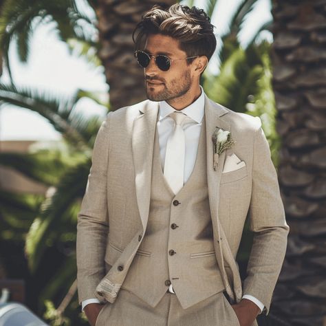 10 Summer Wedding Outfit Ideas for Men Wedding For Men Groom Attire, Abroad Groom Outfit, August Groom Attire, Summer Wedding Suit Ideas For Men, Mens Wedding Suits Abroad, Light Wedding Suits Groom, Men Suit Beach Wedding, Groom Costume Wedding, Abroad Wedding Colour Schemes