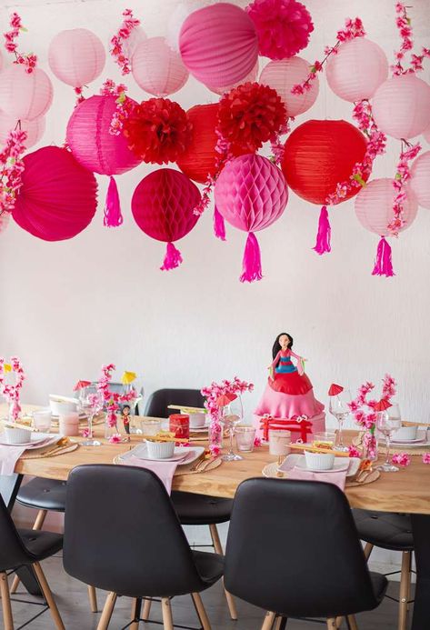 Mulan Birthday Party, Paper Lantern Chandelier, Mulan Party, Mulan Birthday, Cherry Blossom Party, Chinese Birthday, Asian Party, Disney Theme Party, Disney Party