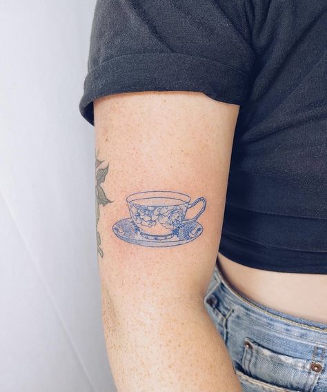 Teacup Tattoo Color, Blue Teacup Tattoo, Baking Related Tattoos, Japanese Tea Cup Tattoo, China Teacup Tattoo, China Tea Cup Tattoo, Cup And Saucer Tattoo, China Cup Tattoo, China Plate Tattoo