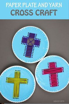 Paper plate yarn cross craft for kids to make for Easter. Great Sunday School Easter project #crosscraft #religiousEaster #nontoygifts Easter Religious Crafts, Palm Sunday Crafts, Easter Sunday School, Easter Paper Crafts, Easter School, Fun Easter Crafts, Sunday School Crafts For Kids, Bible School Crafts, Christian Crafts