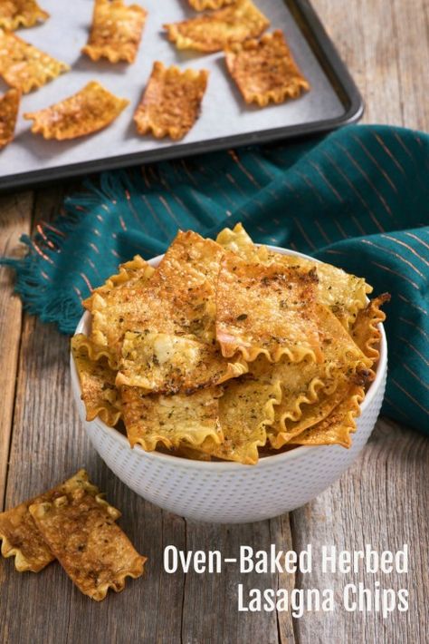 Oven-Baked Herbed Lasagna Chips: Lasagna noodles are transformed into tasty, herby, cheesy chips for snacking in this easy recipe. #shockinglydelicious #pastachips #superbowl #snack #snackattack #footballfood #gameday #recipe Lasagna Chips, Tv Snacks, Savory Cookies, Cinnamon Apple Chips, Pasta Chips, Baked Lasagna, Serving Ideas, Lasagna Roll, Lasagna Noodles