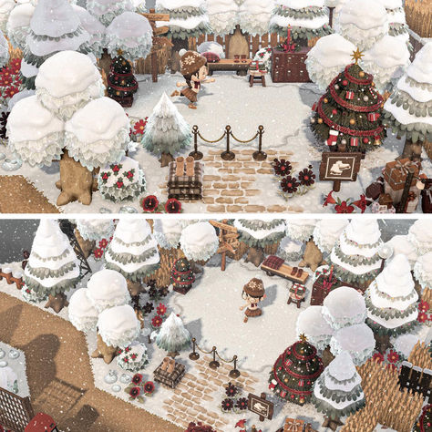 Peep this winter and Christmas-themed island idea with the cottagecore aesthetic. Perfect for any ACNH island! And if you want more cottagecore ideas then check out our list with more designs Acnh Winter Market, Acnh Winter Inspiration, Acnh Xmas Designs, Christmas Acnh Island, Animal Crossing Island Inspiration Winter, Acnh Island Designs Winter, Acnh Winter Villagers, Christmas Ideas Acnh, Acnh Holiday Design