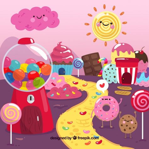 Colorful candy land background | Free Vector #Freepik #freevector #freebackground #freefood #freechocolate #freecandy Candy Land Background, Ice Cream Cone Drawing, Land Background, Buildings Artwork, Candy Drawing, Background Food, Drawing Lessons For Kids, Candy House, Colorful Frames