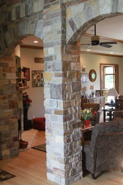 Stone Columns Interior, Columns Interior, Column Ideas, Entrance Foyer Design, Columns (home), Foyer Entrance, Outdoor Structure, Stone Pillars, Basement Makeover