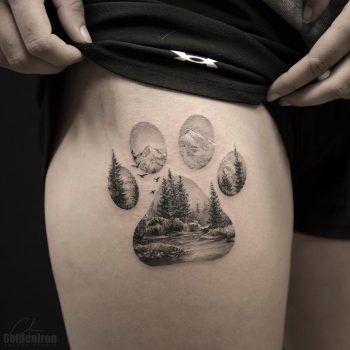 Double exposure paw and landscape tattoo Berg Tattoo, Pawprint Tattoo, Dog Paw Tattoo, Hiking Tattoo, Paw Tattoo, Bear Tattoos, Landscape Tattoo, Forest Tattoos, Inspiration Tattoos