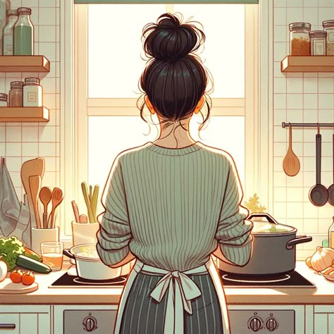 Mom Cooking Illustration, Cooking Illustration Drawing, Chef Illustration Drawing, Woman Cooking Aesthetic, Cooking Chef Aesthetic, Cooking Aesthetic Wallpaper, Aura Book, Chef Illustration, Kitchen Drawing