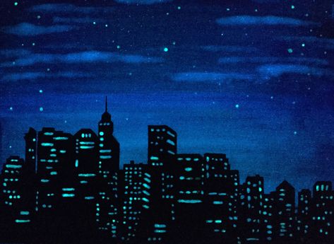 NewYork Cityscape Glow in the Dark City skyline sillouette night ime urban Art stary sky city painting Blacklight room decor 3pc triptych. #beautiful #art #draw #digitalart #gallery #illustration #paint #drawing #abstract #color #popart #watercolor #artworks #galleryart #graphicart City Skyline Silhouette Painting, Dark City Painting, Dark City Drawing, City Sillouhette, Skyline Painting Easy, City At Night Drawing, City Painting Acrylic Easy, Painting City Night, City Lights Painting